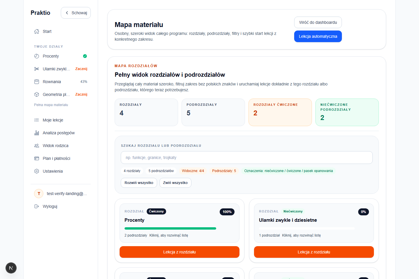 Mapa materiału w panelu ucznia Praktio z postępem w działach